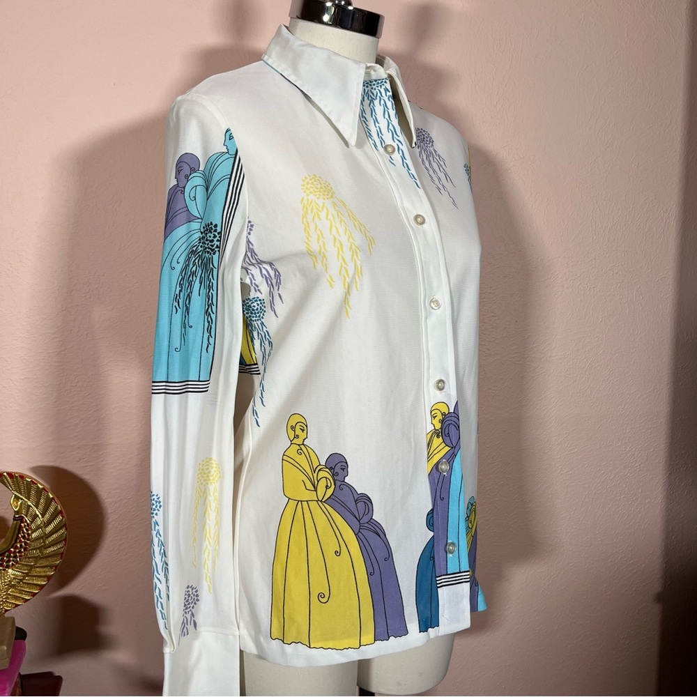 Vintage 1970 Mod Art Deco Lady Print Dagger collar Blouse - Picture 8 of 17